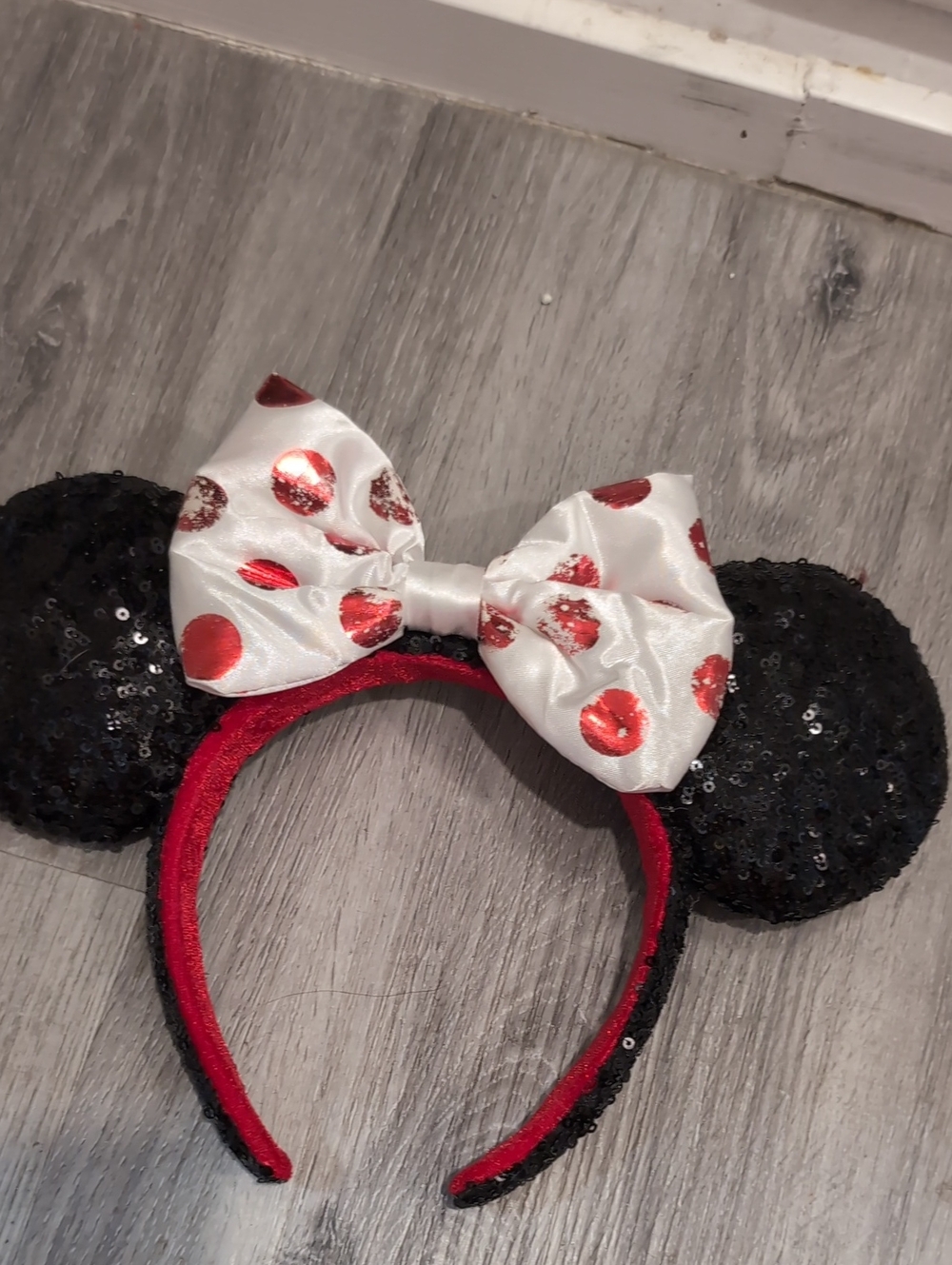 Black Sequin Mouse Ear Headband with Red Polka Dot Bow